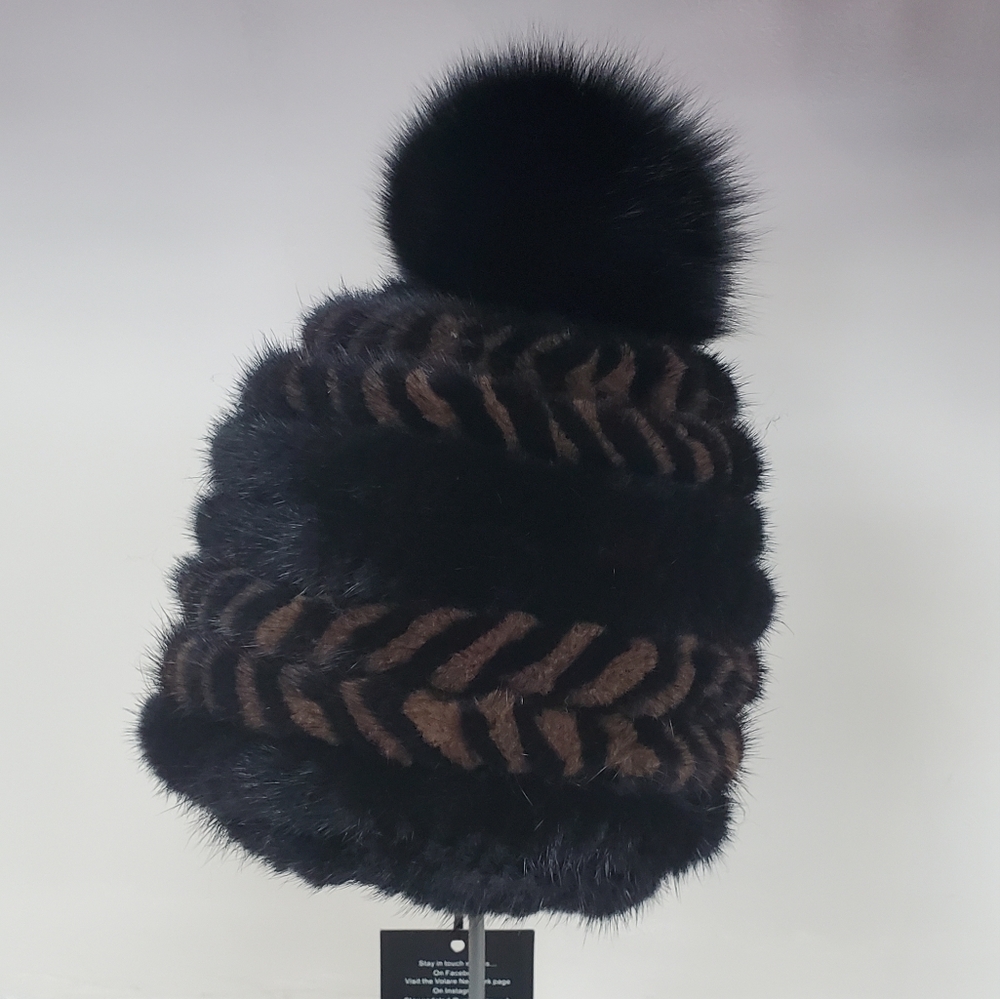 SALE Knitted Mink Fur Stretch Beanie with Fox Fur Pom